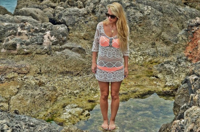 crochet dress, bandeau bikini and the sea