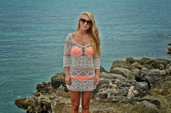 crochet dress, bandeau bikini and the sea