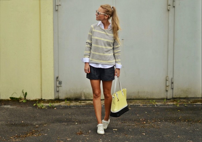 bally swiss bag outfit: yellow & grey